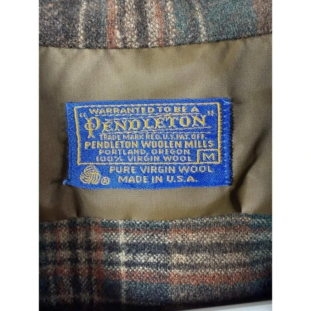 Vintage Pendleton Shirt Medium Brown Teal Plaid Flannel Button Flap Pocket Wool - Picture 3 of 3